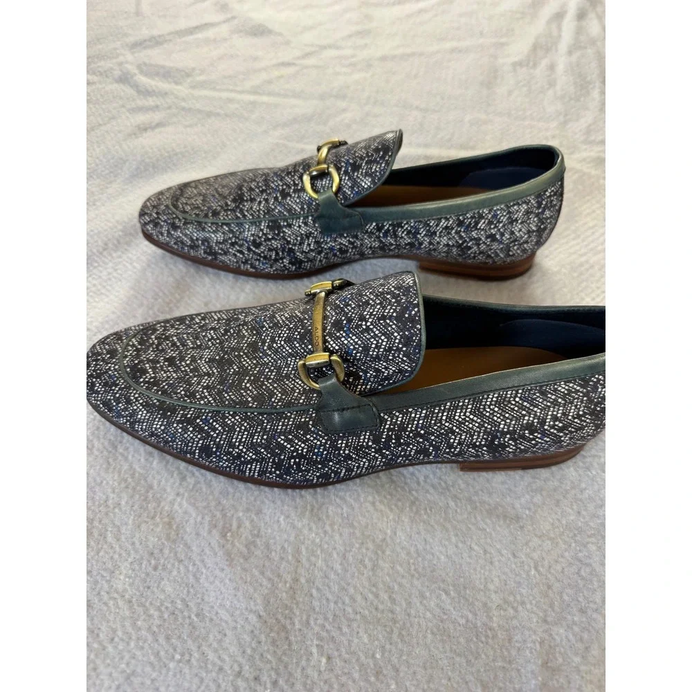 Aldo Mens Bit Loafers Navy Blue White Textured Dress Shoes Size 10.5 Horsebit